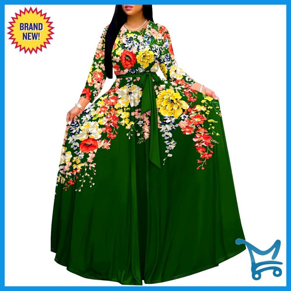 Floral Print Maxi Dress 3/4 Sleeve Crewneck Formal Elegant Plus Size Belted